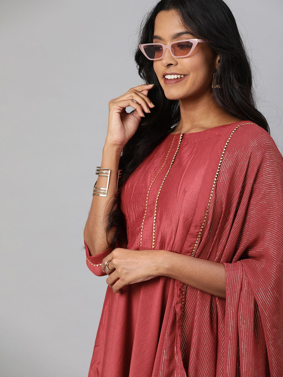 Inddus Women Pink Solid Gotta Patti Detailing Kurta with Trousers & Dupatta Price in India