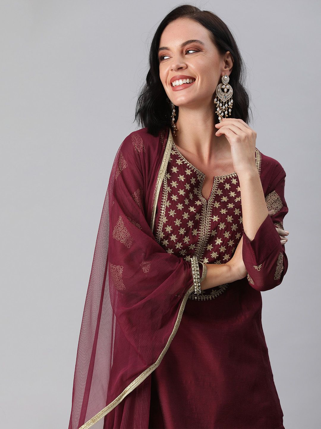 Inddus Women Maroon Zari Yoke Design Chanderi Cotton Kurta with Palazzos & Dupatta Price in India