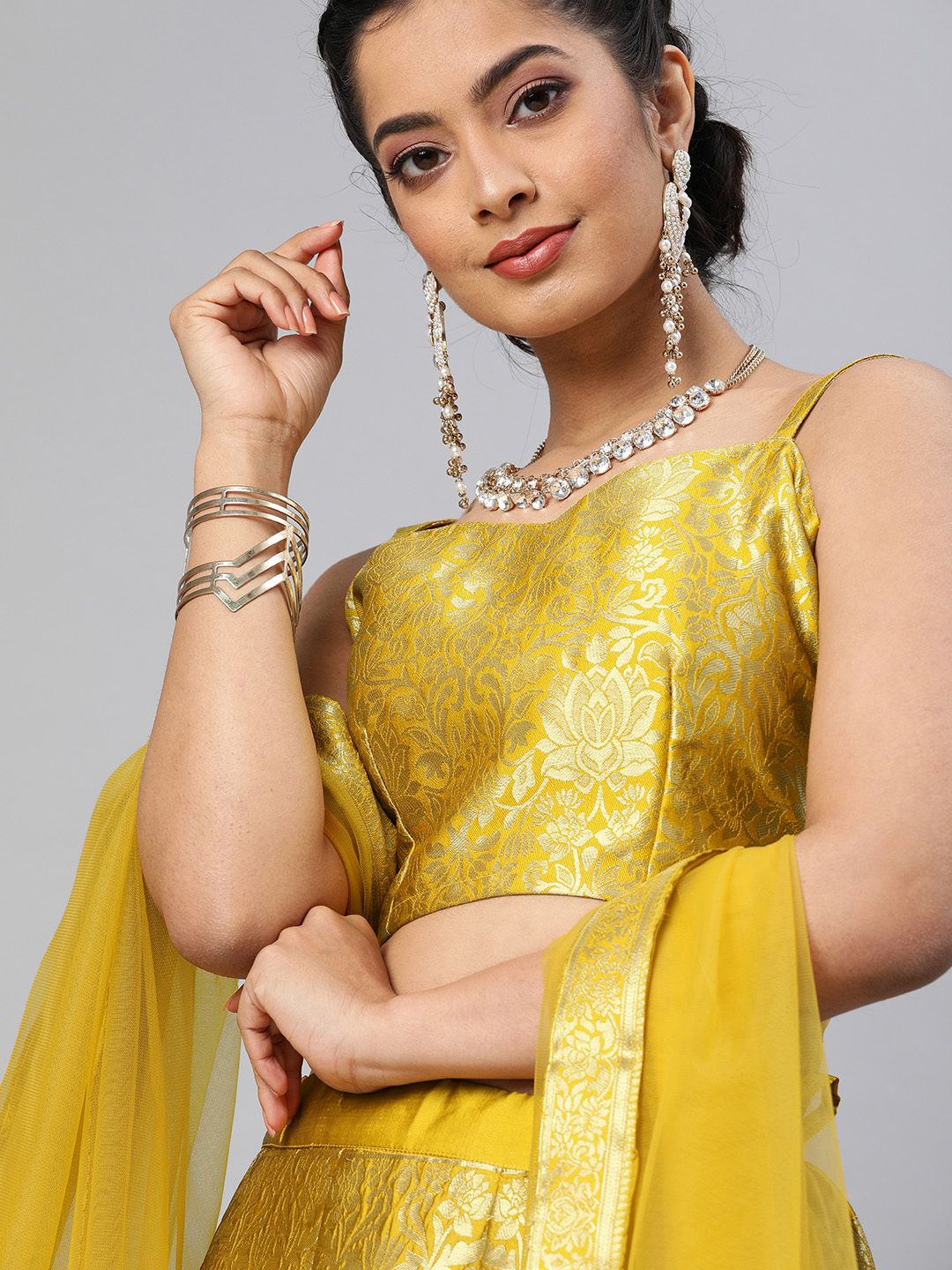 Inddus Mustard Yellow & Golden Semi-Stitched Lehenga & Unstitched Blouse with Dupatta Price in India