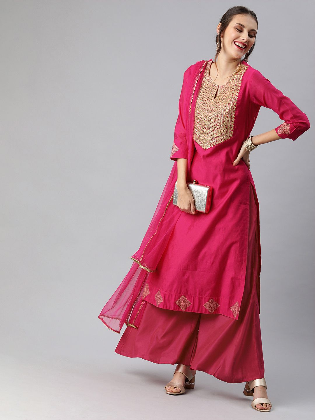 Inddus Women Pink Embroidered Kurta with Palazzos & Dupatta Price in India