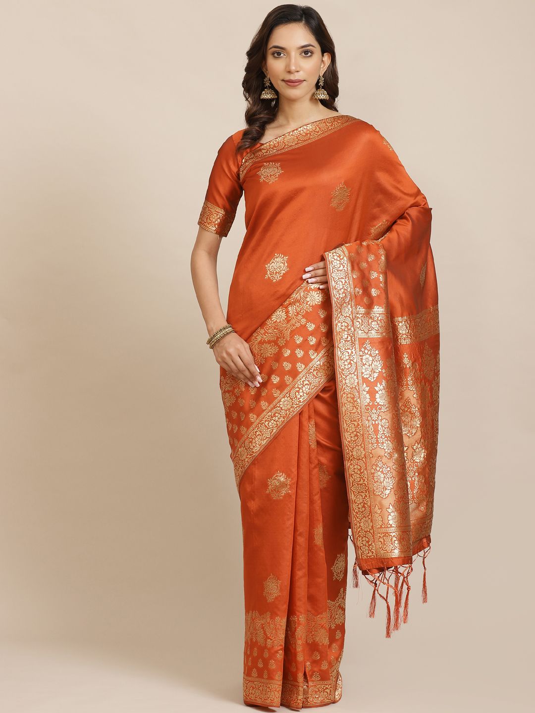 Saree mall Rust Orange & Golden Woven Design Banarasi Saree Price ...