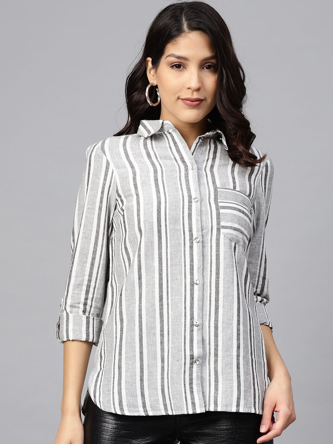 DOROTHY PERKINS Women Grey & Off-White Striped Pocket Detailing Casual Shirt