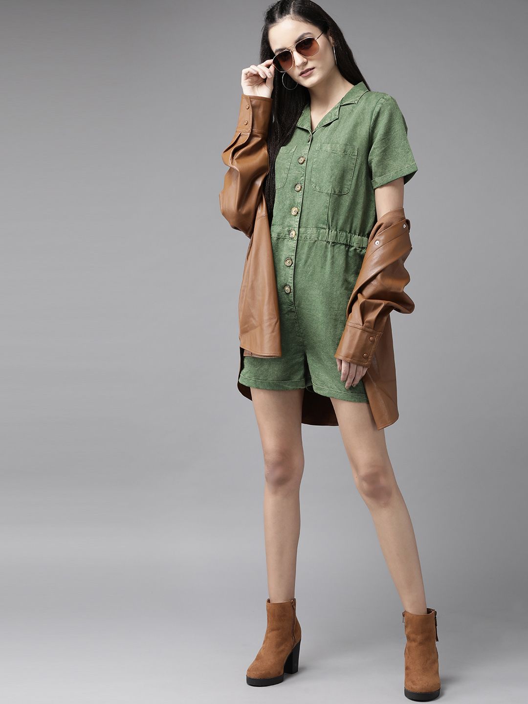 Roadster Women Green Solid Playsuit Price in India