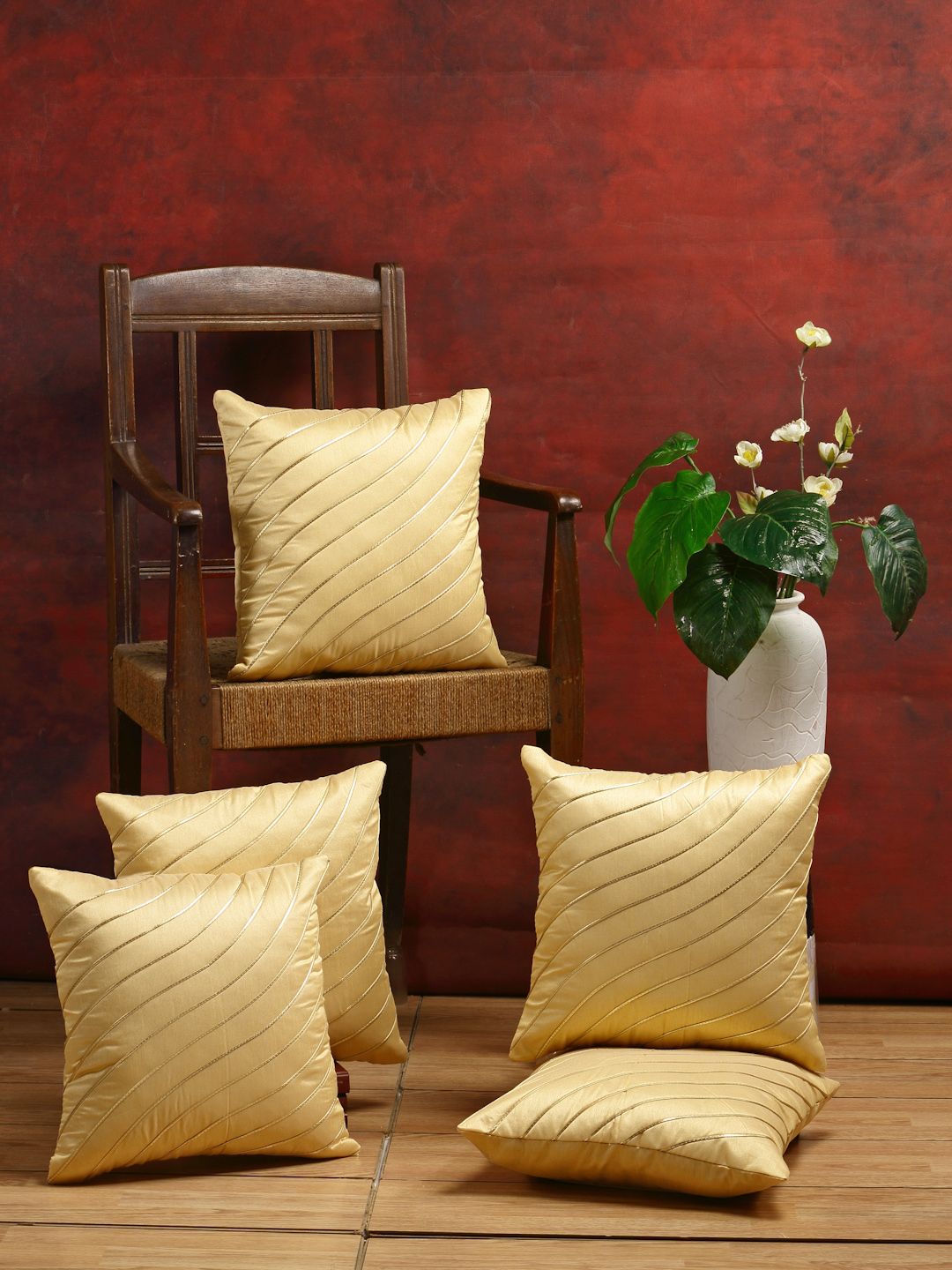 DREAM WEAVERZ Beige & Gold-Toned Set of 5 Self Design Silk Square Cushion Covers Price in India