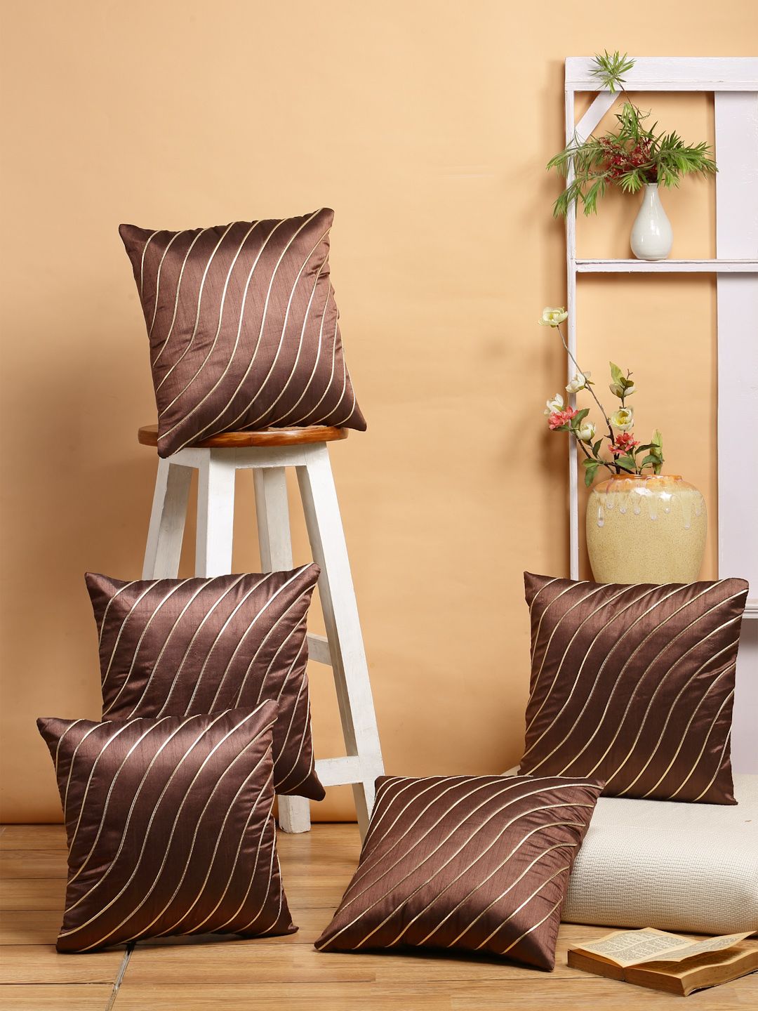 DREAM WEAVERZ Brown & Gold-Coloured Set of 5 Self Striped Square Cushion Covers Price in India