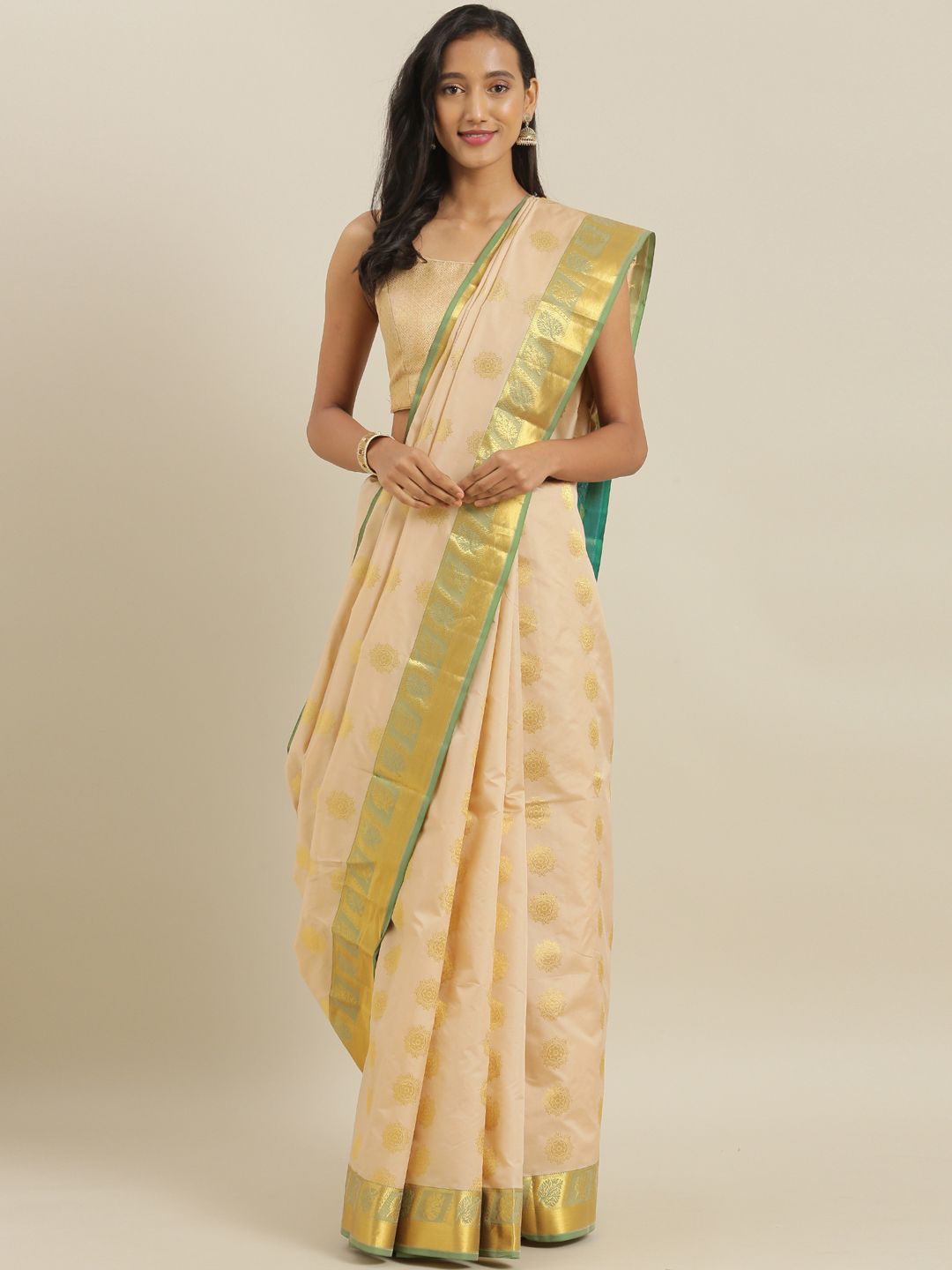 The Chennai Silks Beige Pure Silk Woven Design Kanjeevaram Saree