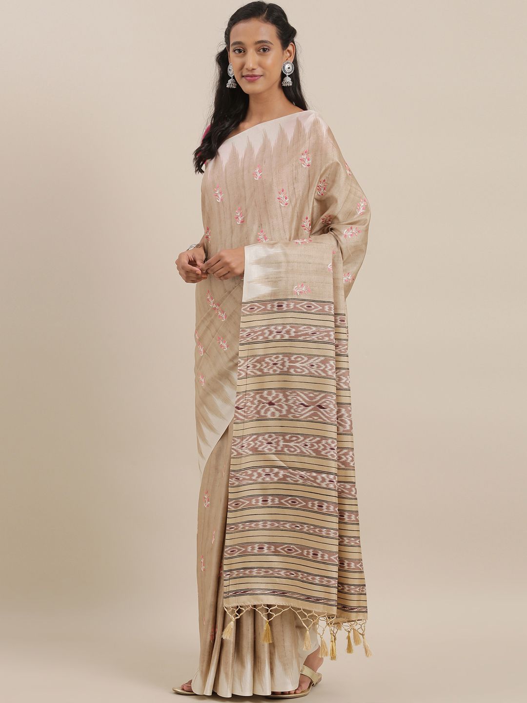 The Chennai Silks Beige Embroidered Viscose Rayon Saree