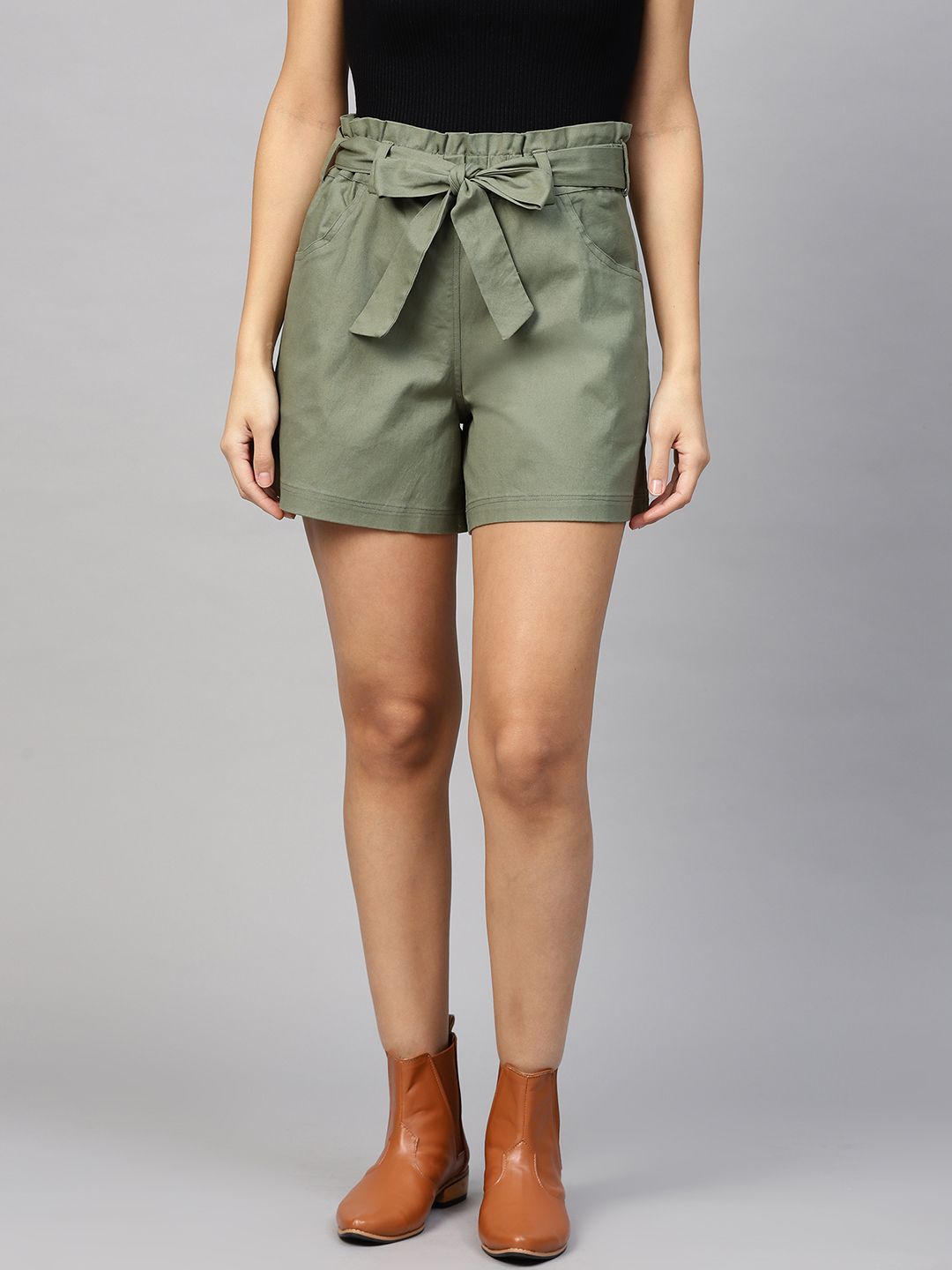 I AM FOR YOU Women Olive Green Solid Twill Regular Fit Regular Shorts