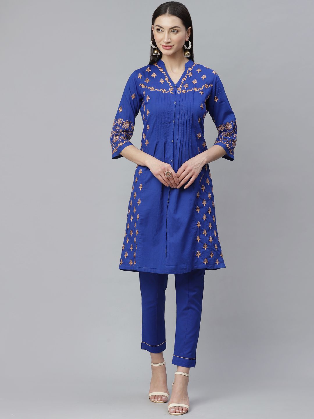 ADA Women Blue & Peach-Coloured Chikankari Hand Embroidered Kurta with Trousers