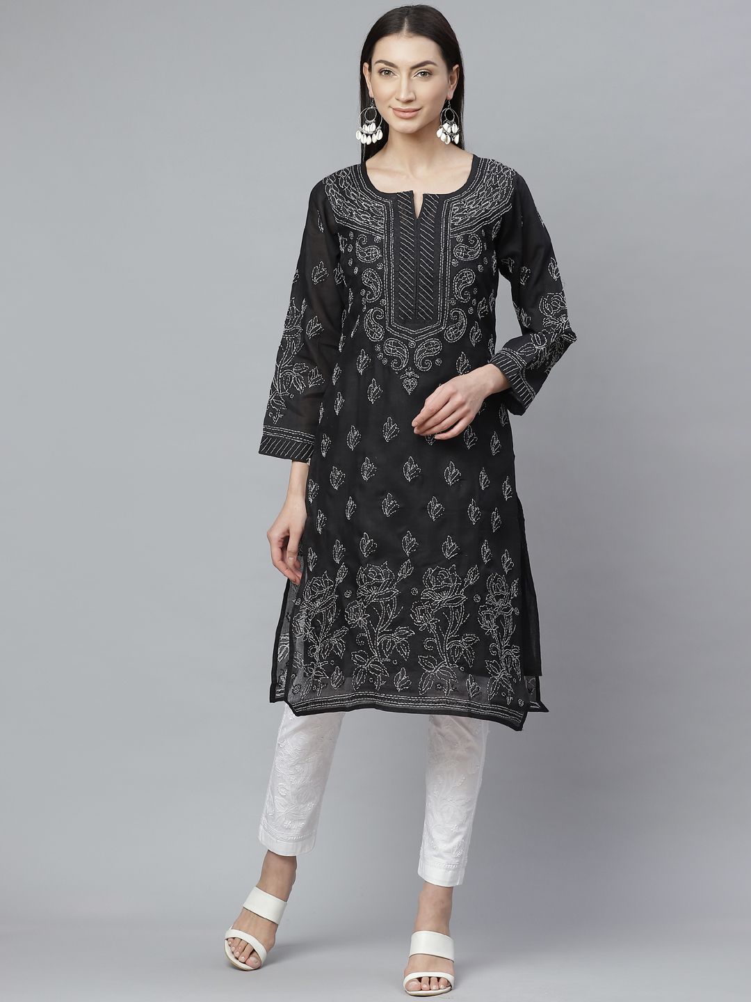 ADA Women Black & White Chikankari Hand Embroidered Kurta with Trousers