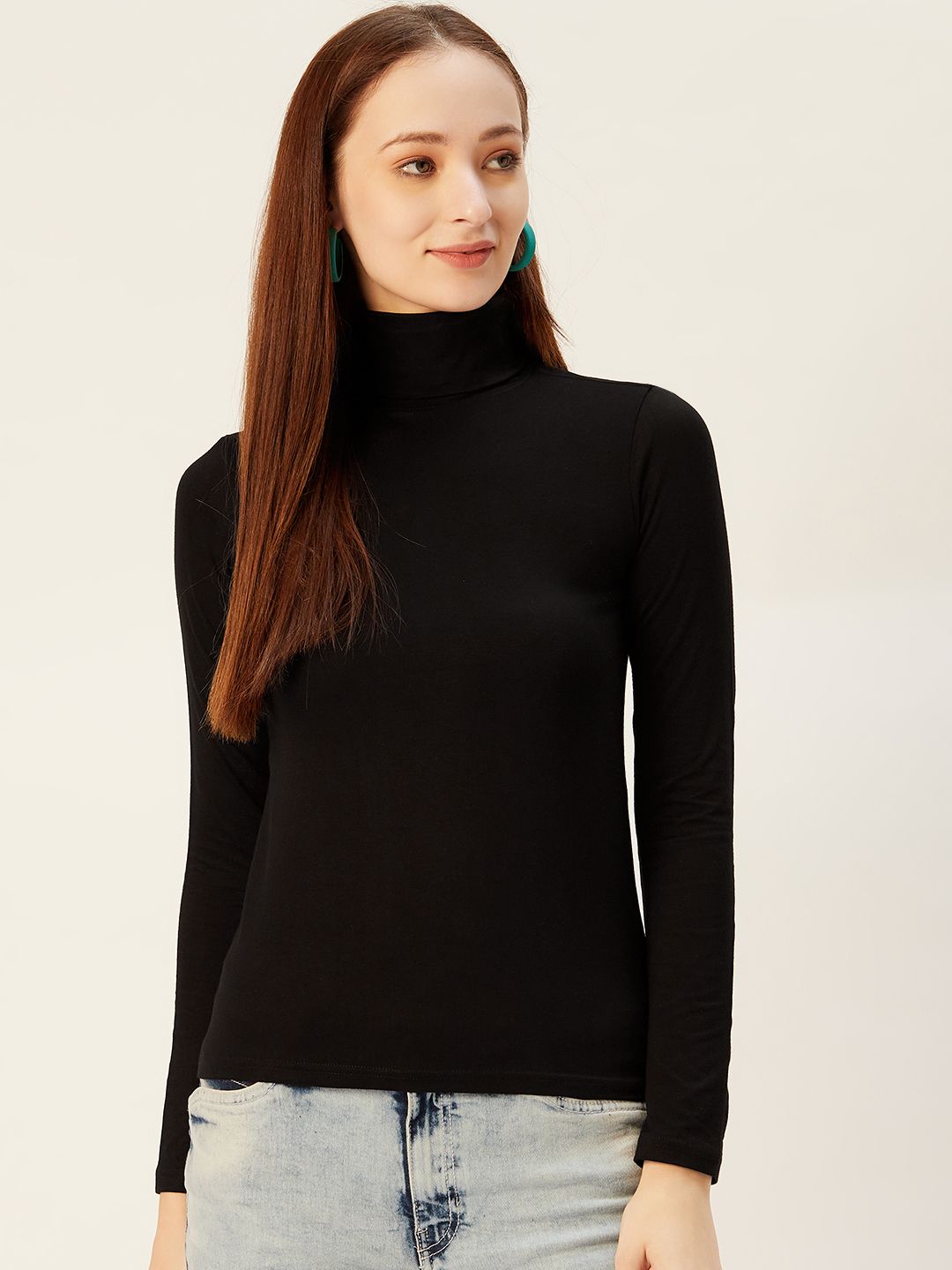 Sera Women Black Solid Turtle Neck T-shirt
