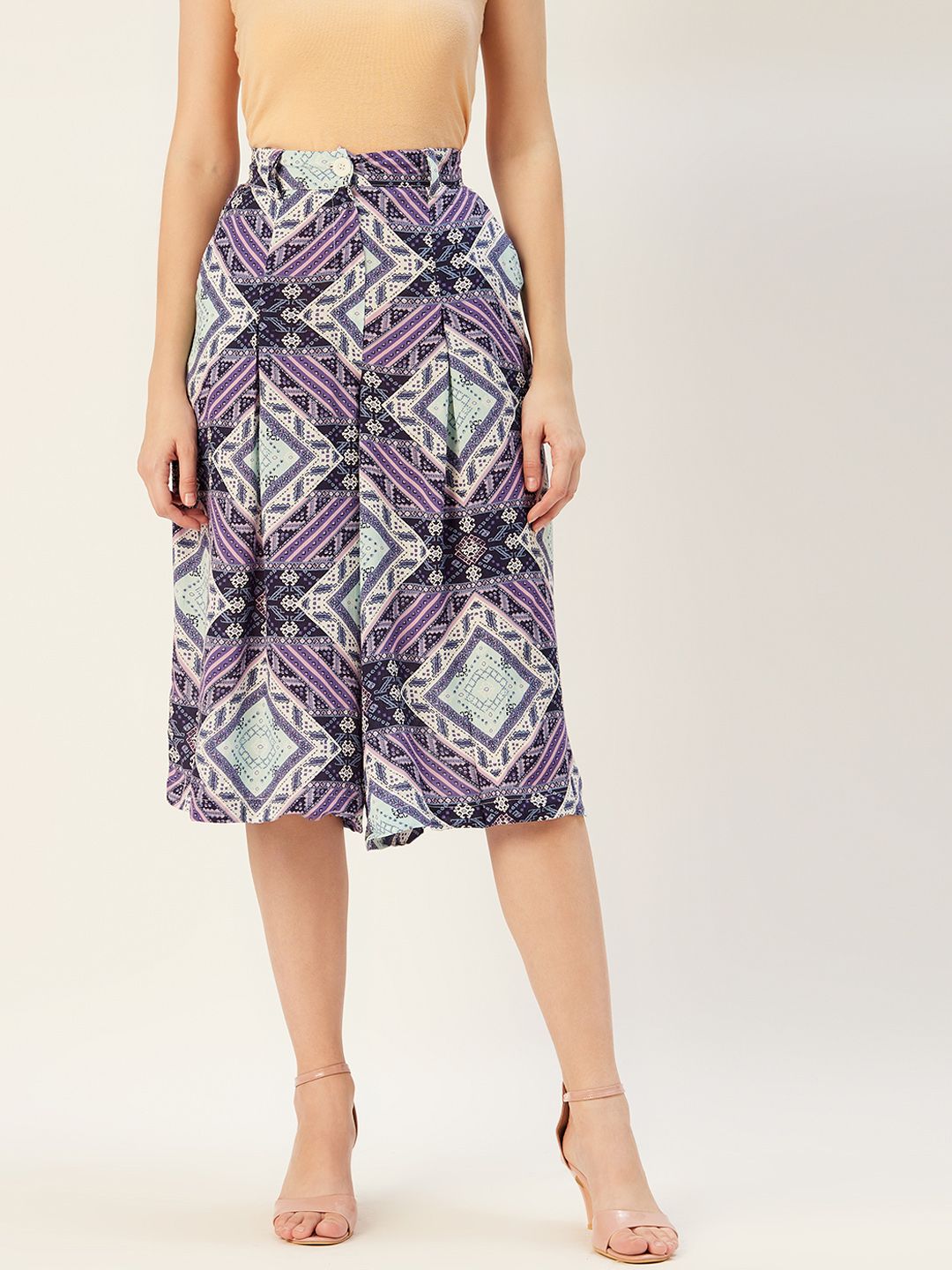 Sera Women Purple & White Straight Fit Printed Cropped Culottes Price in India