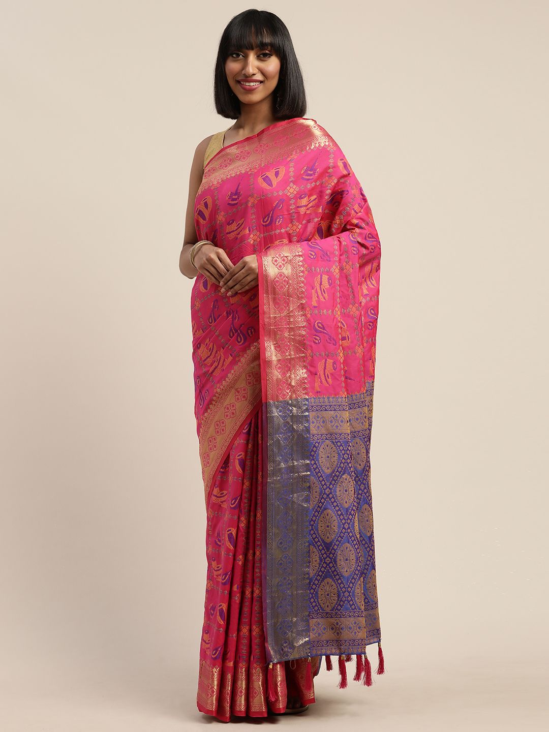 Mitera Pink & Beige Silk Blend Woven Design Banarasi Saree