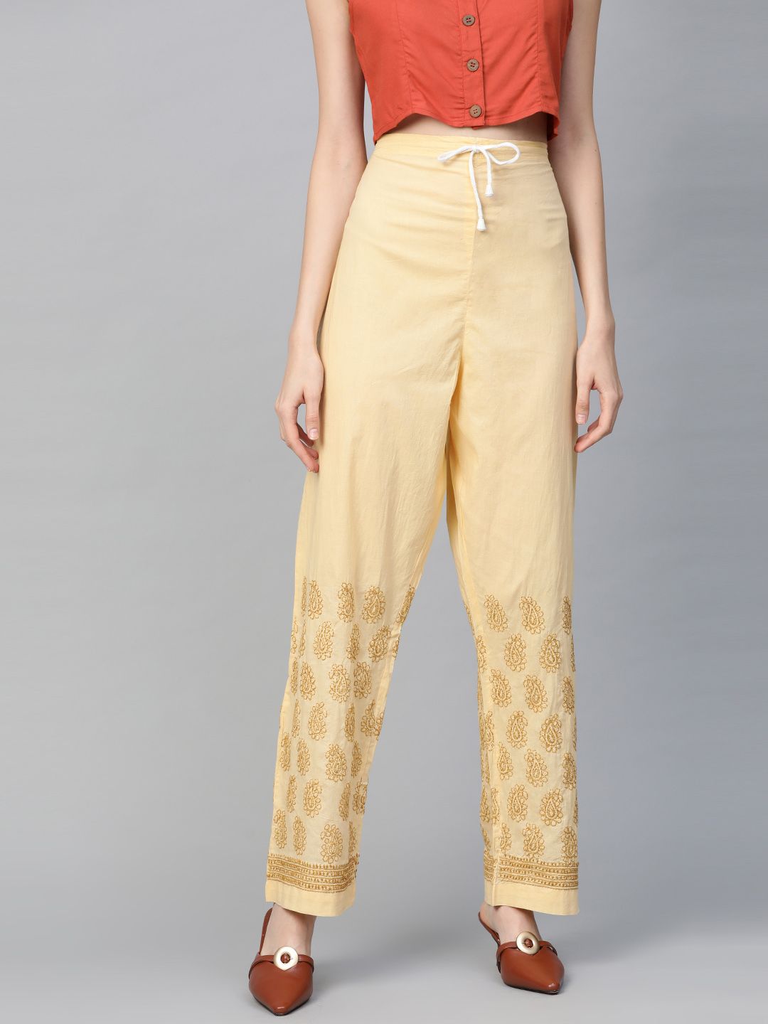ADA Women Yellow Embroidered Straight Sustainable Palazzos Price in India