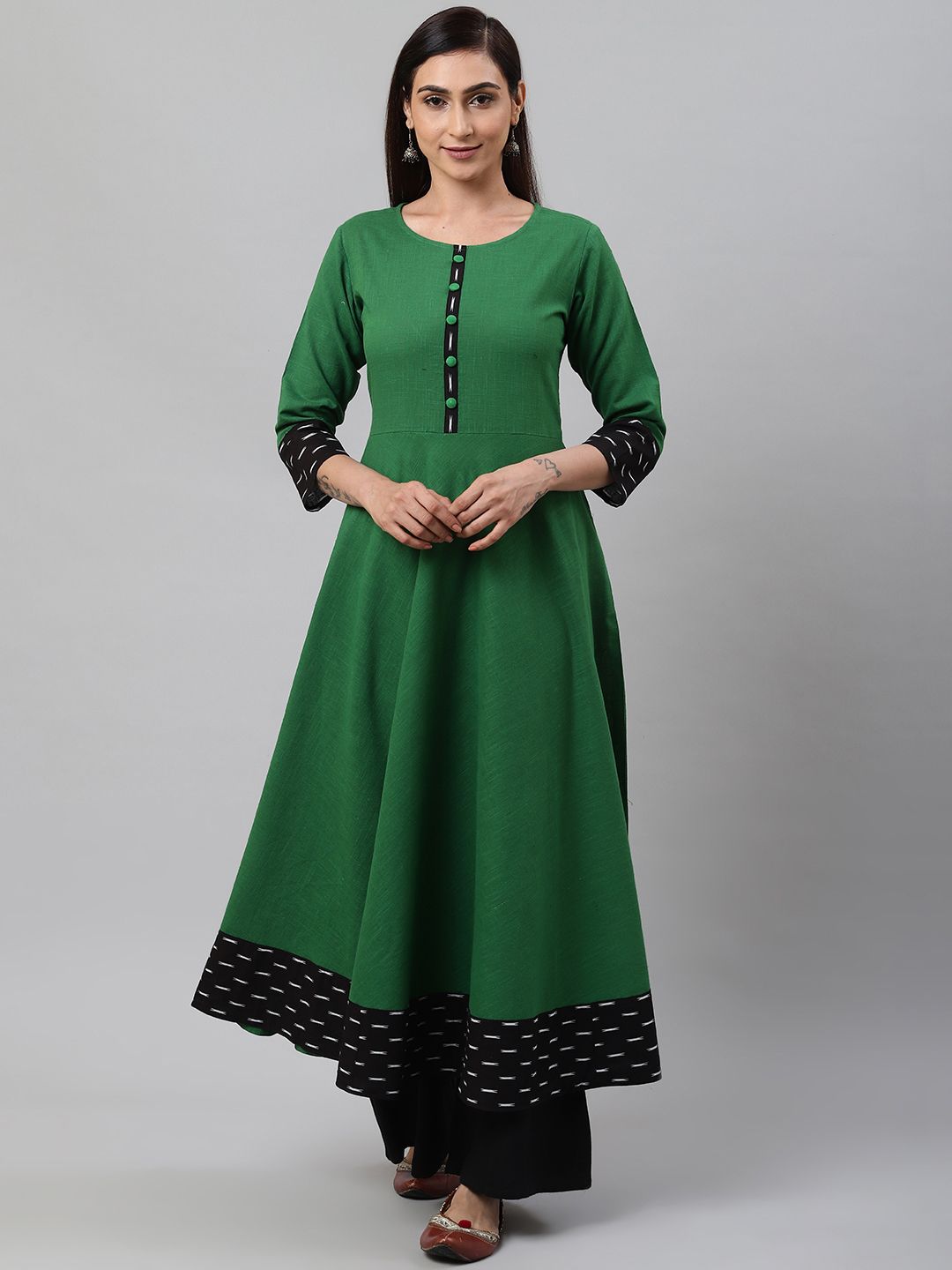 YASH GALLERY Women Green & Black Solid Anarkali Kurta Price in India