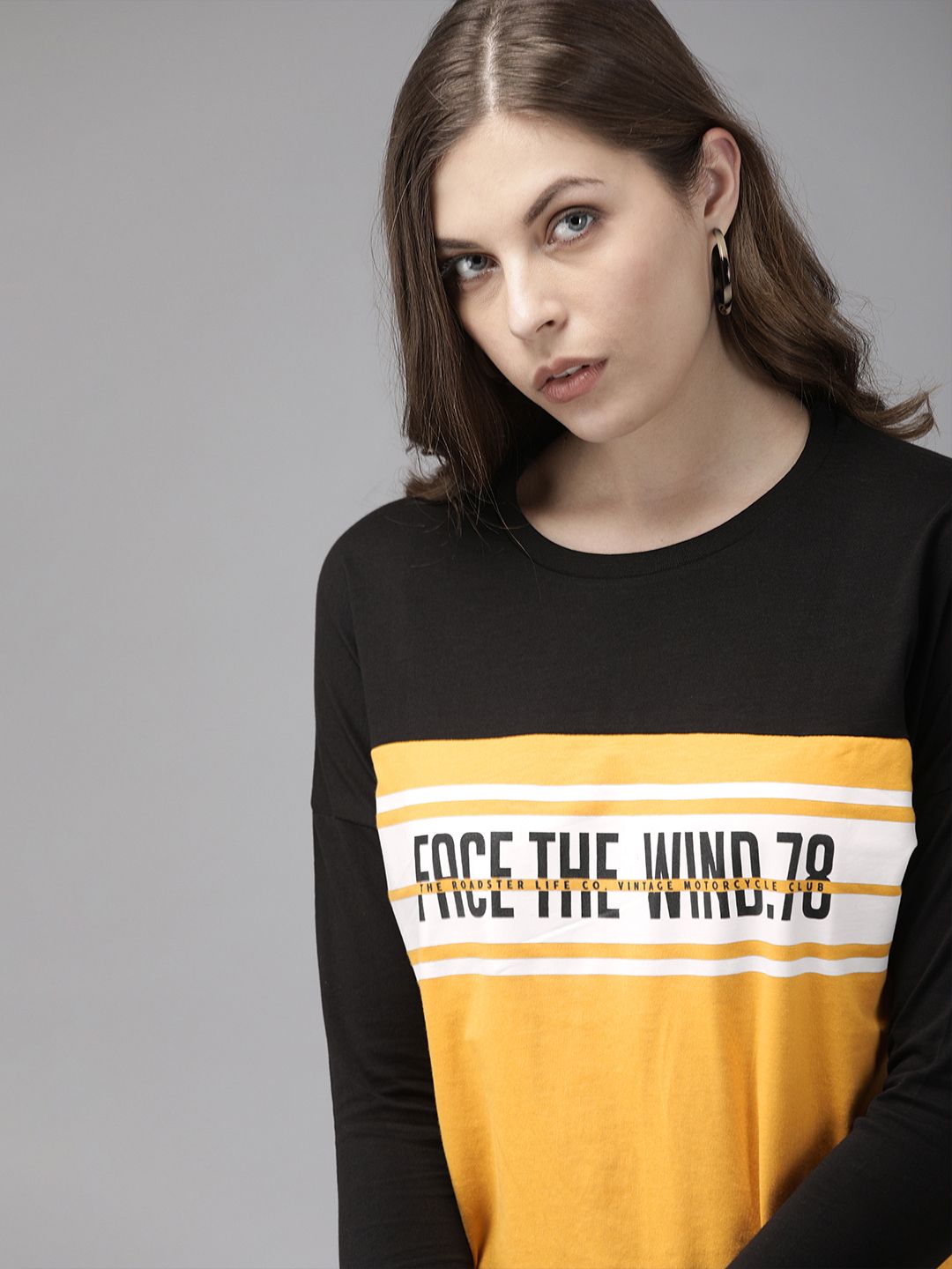 Roadster Women Yellow & Black Colourblocked Round Neck T-shirt