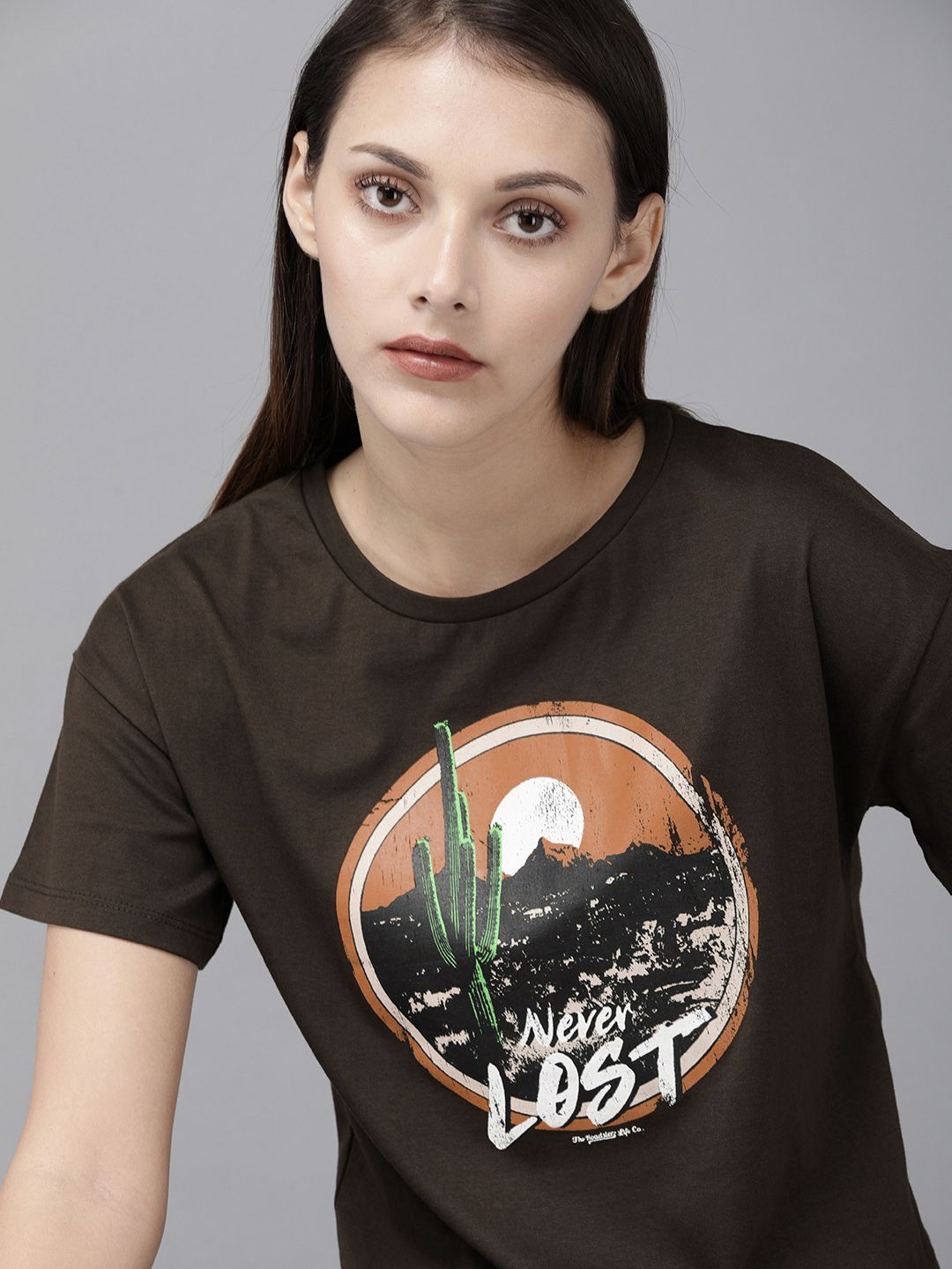 Roadster Women Brown Graphic Printed Round Neck T-shirt