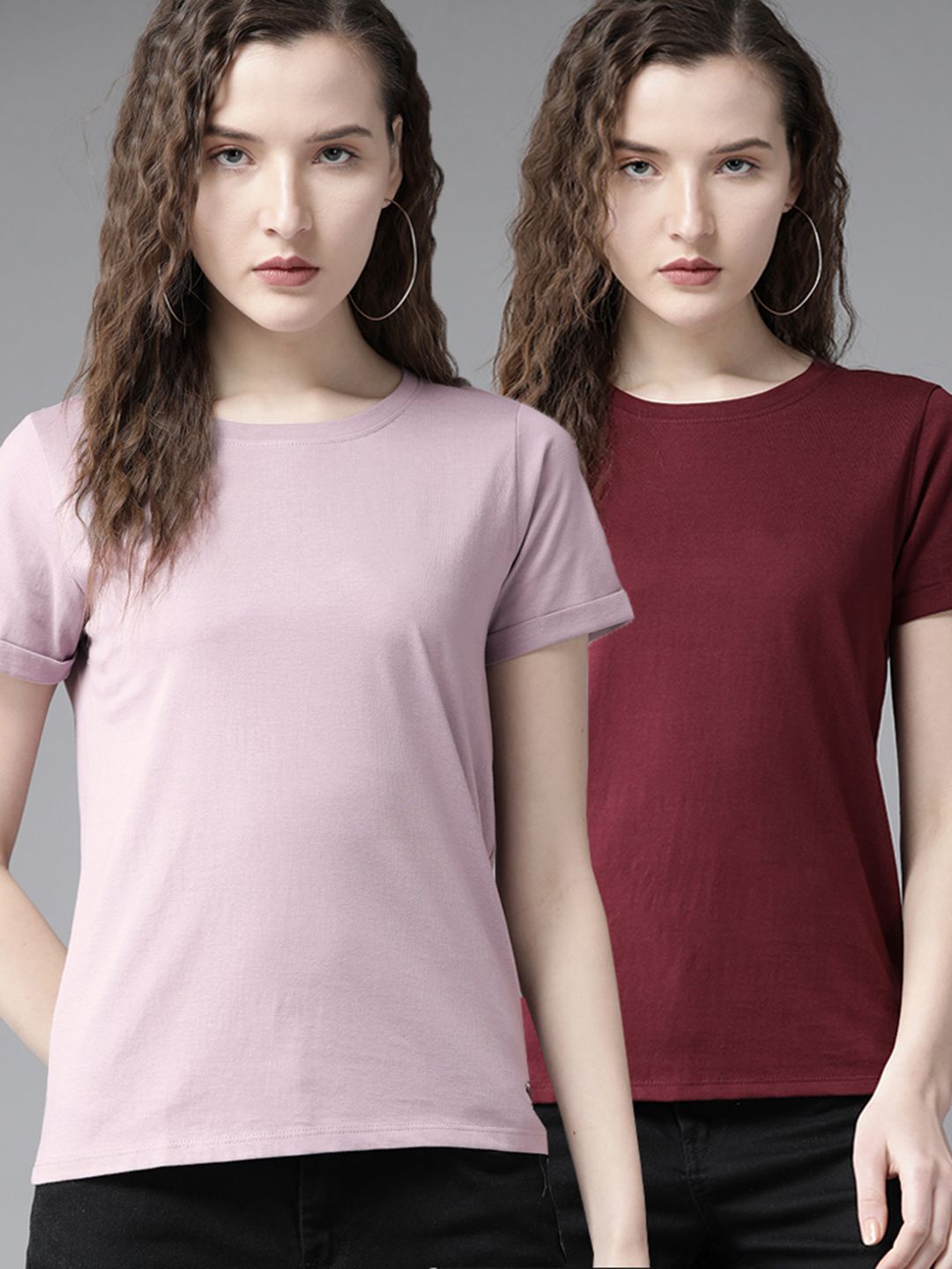 Roadster Women Pack of 2 Solid Pure Cotton Round Neck T-shirt