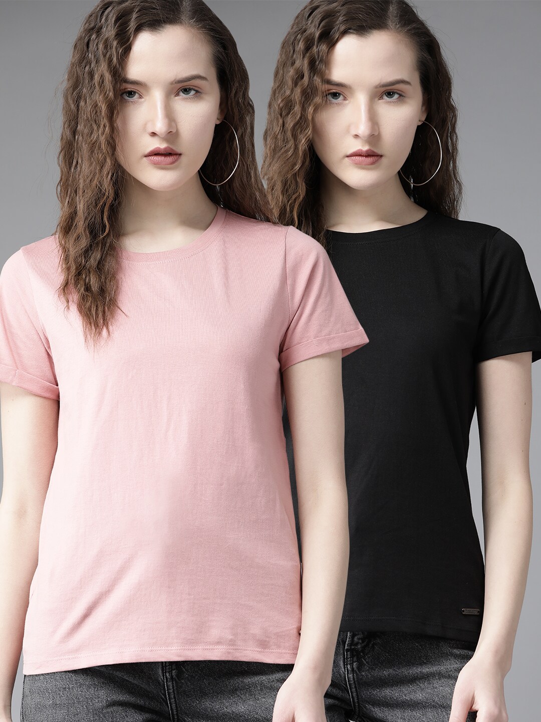 Roadster Women Pack of 2 Solid Round Neck Pure Cotton T-shirt Price in India