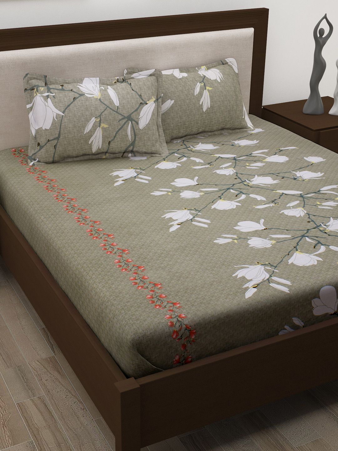 Story@home Grey & White Floral 186 TC Cotton 1 Queen Bedsheet with 2 Pillow Covers Price in India