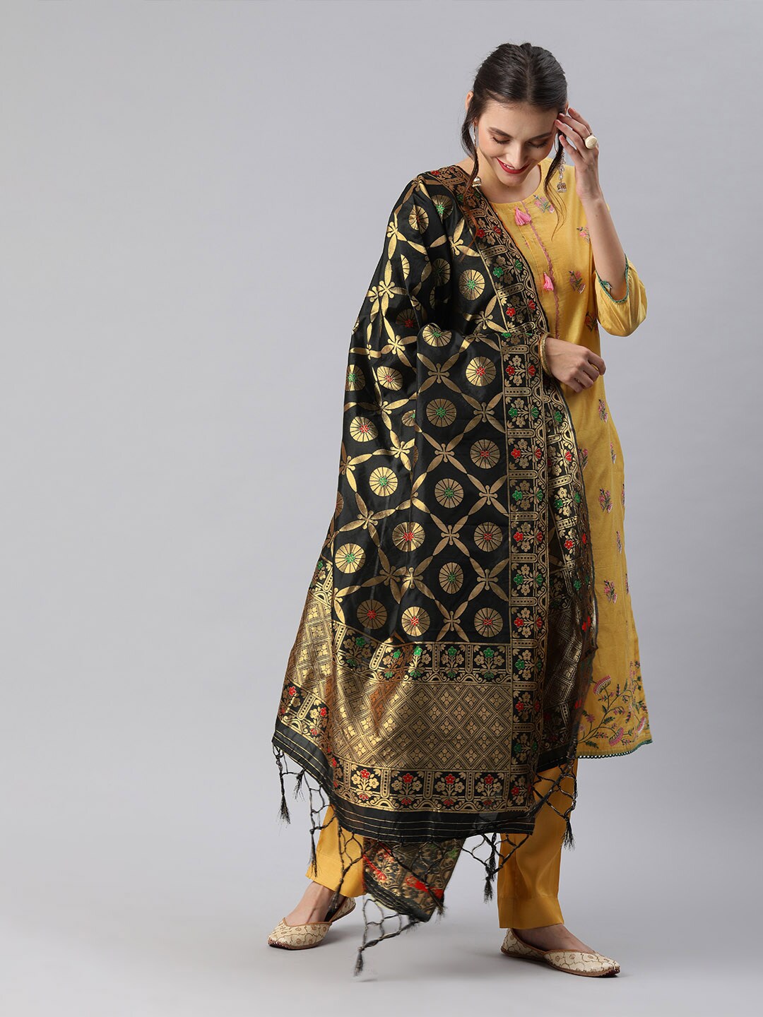 Inddus Black & Gold-Toned Woven Design Dupatta Price in India