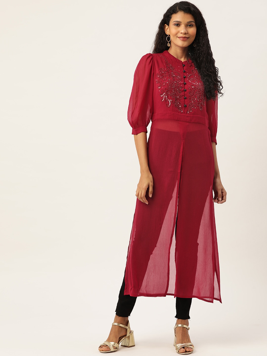 Antheaa Women Maroon Embellished Sheer Tunic Price in India