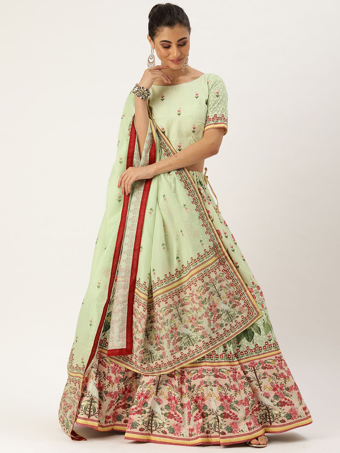 LOOKNBOOK ART Sea Green & Maroon Printed Ready to Wear Lehenga & Blouse with Dupatta