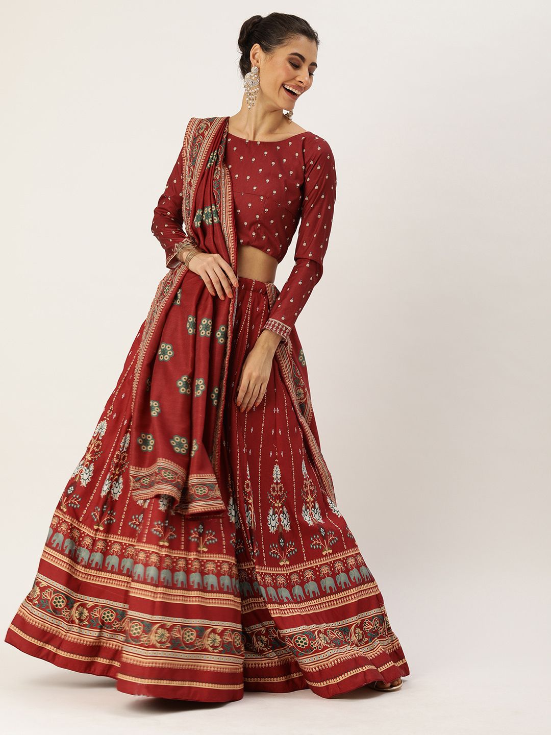 LOOKNBOOK ART Maroon & Beige Printed Ready to Wear Lehenga & Blouse with Dupatta