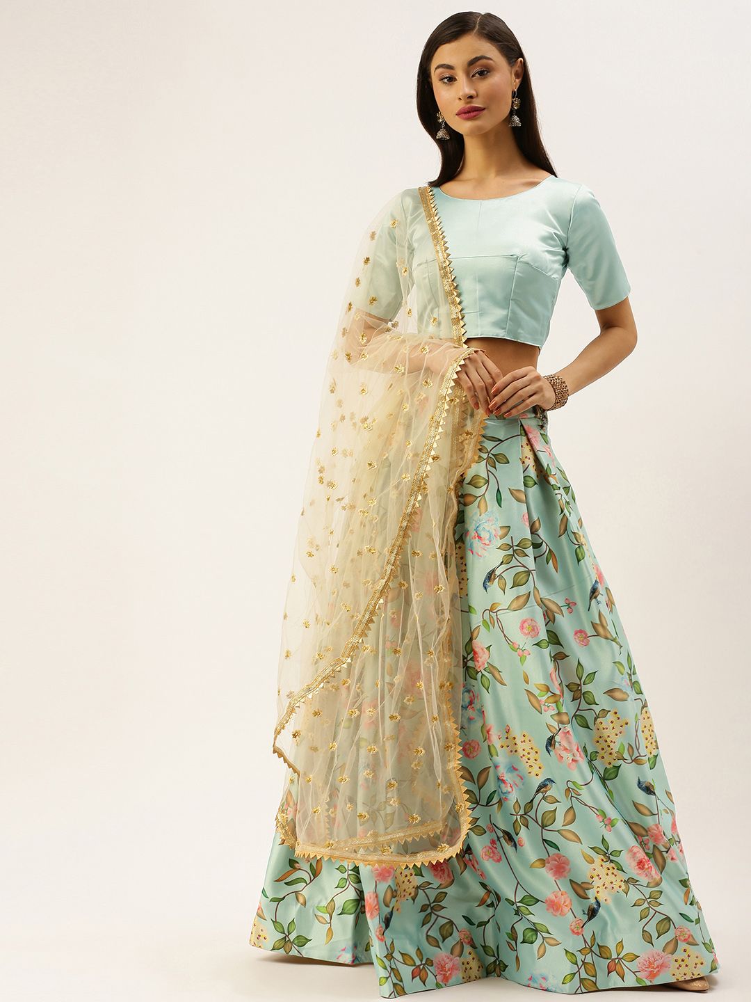 LOOKNBOOK ART Sea Green Printed Semi-Stitched Lehenga & Unstitched Blouse with Dupatta Price in India