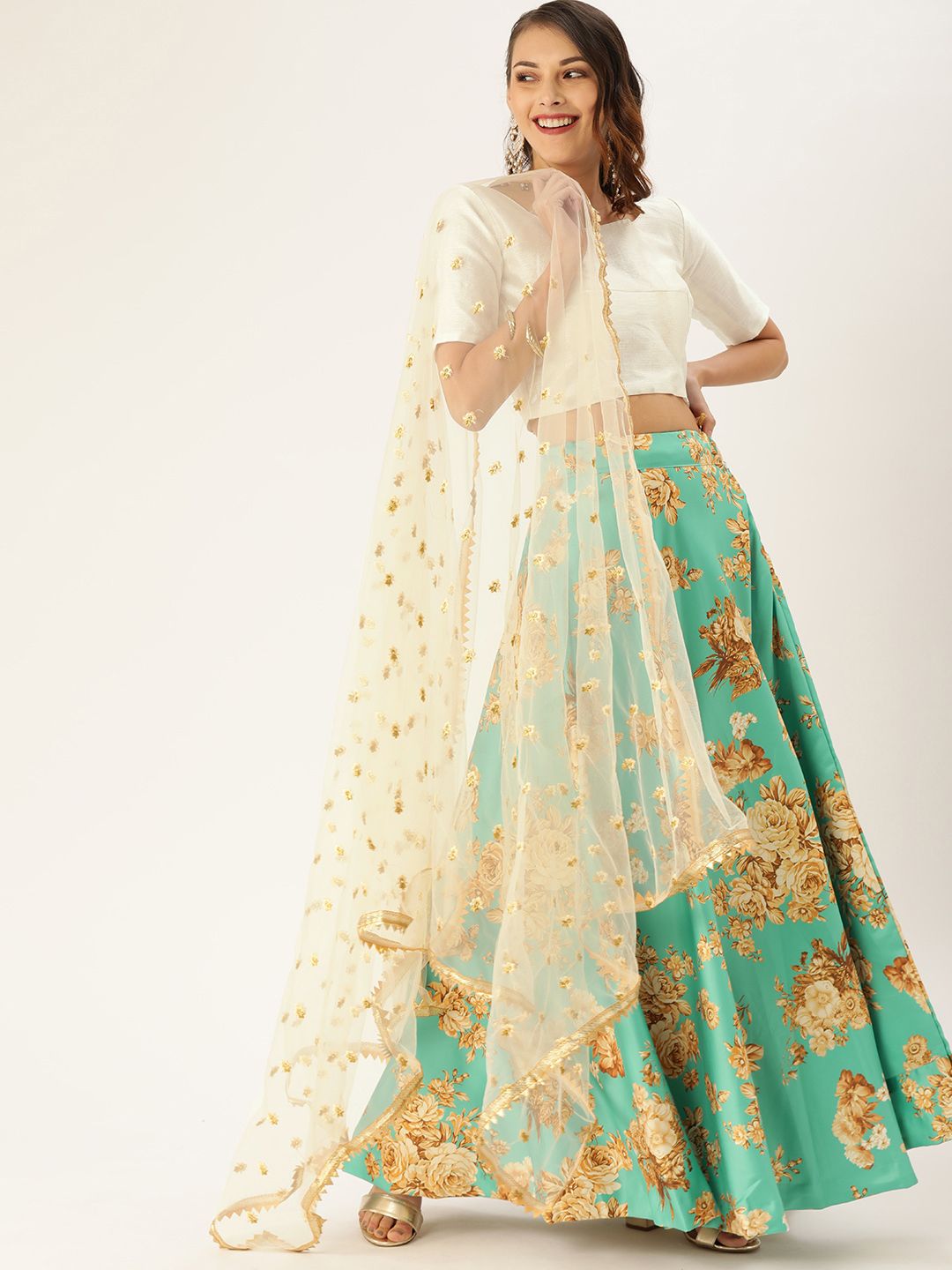 LOOKNBOOK ART Silver-Toned & Sea Green Solid Semi-Stitched Lehenga & Unstitched Blouse with Dupatta Price in India