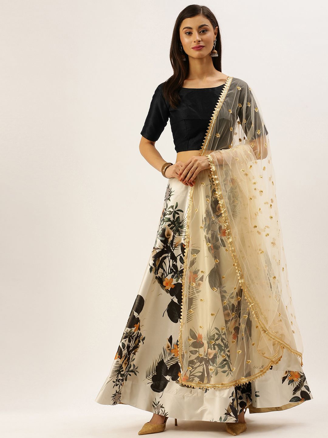 LOOKNBOOK ART Black & White Solid Semi-Stitched Lehenga & Unstitched Blouse with Dupatta Price in India
