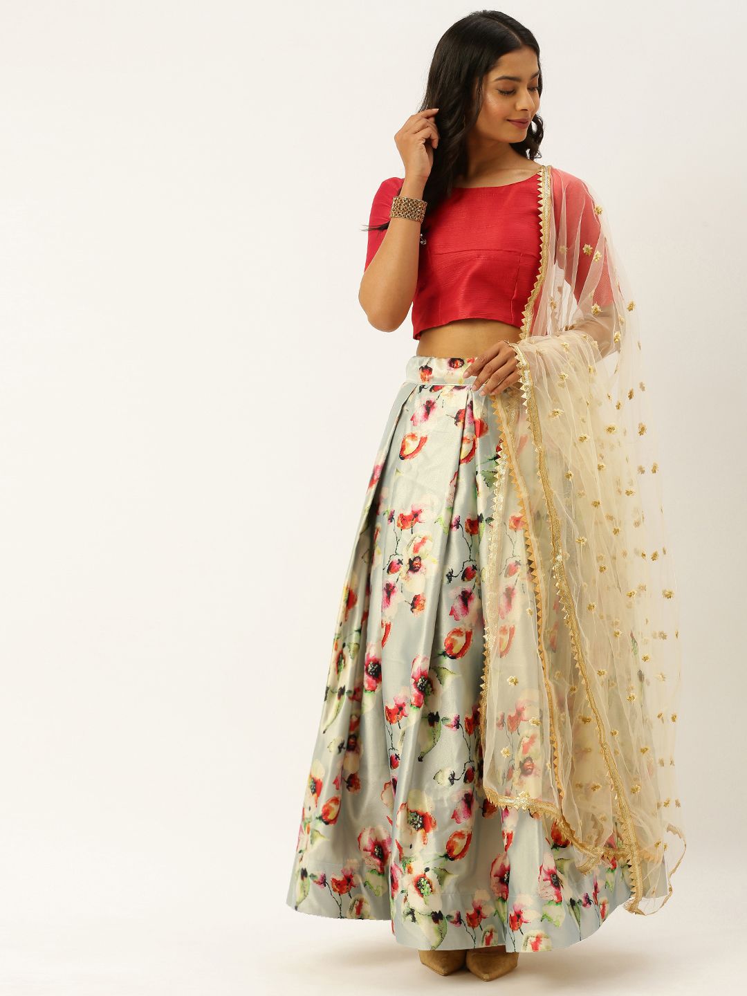 LOOKNBOOK ART Red & Green Solid Semi-Stitched Lehenga & Unstitched Blouse with Dupatta Price in India