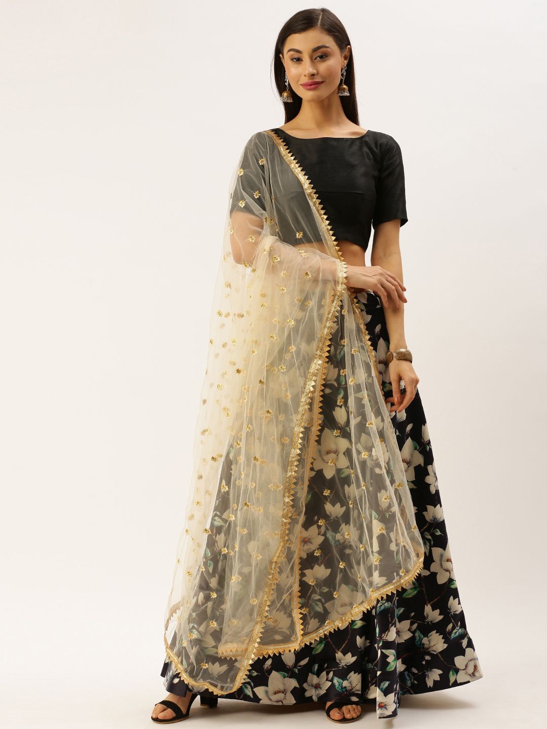 LOOKNBOOK ART Black & Off-White Solid Semi-Stitched Lehenga & Unstitched Blouse with Dupatta Price in India