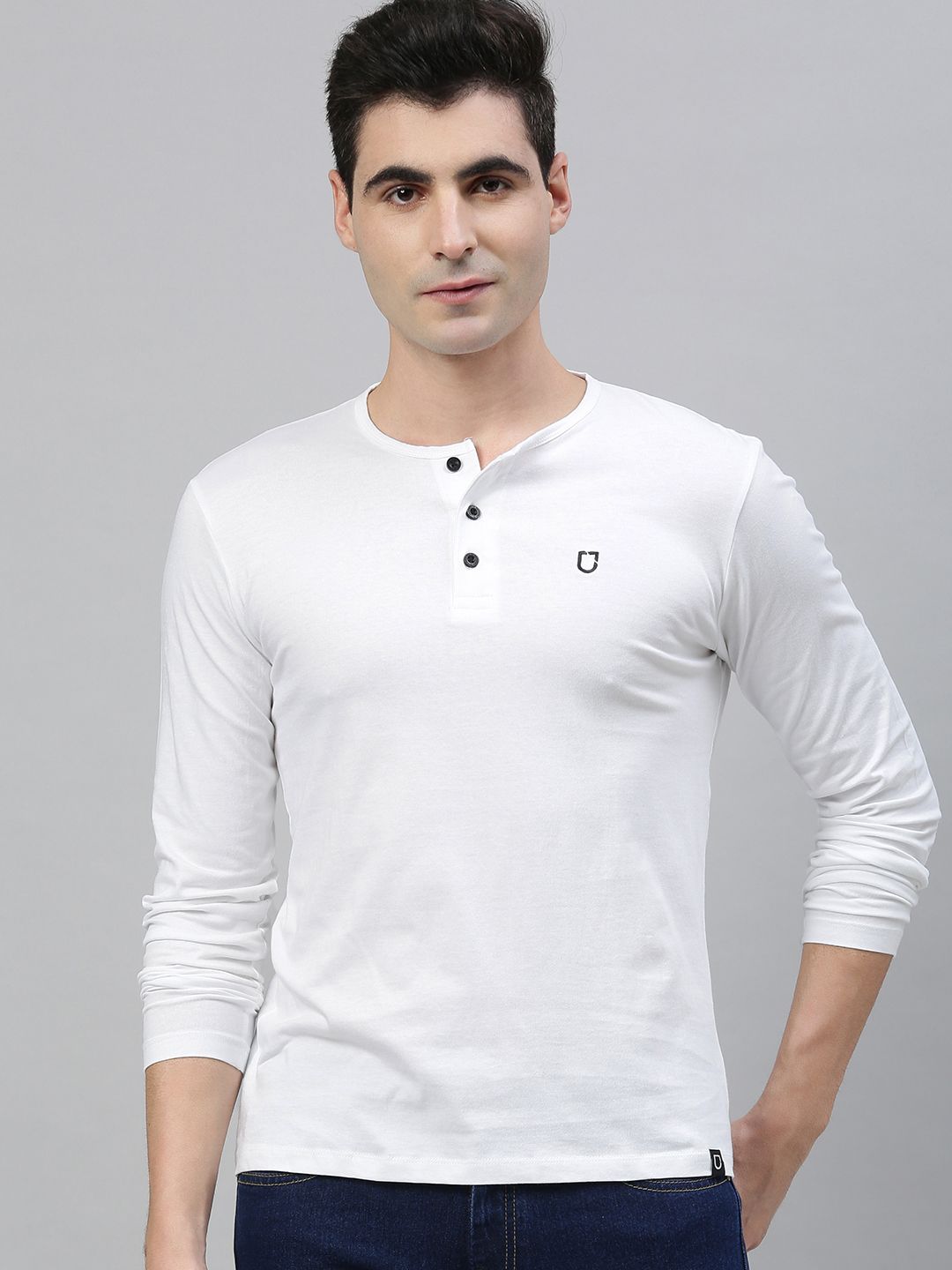 Urbano Fashion Men White Solid Henley Neck Pure Cotton T-shirt