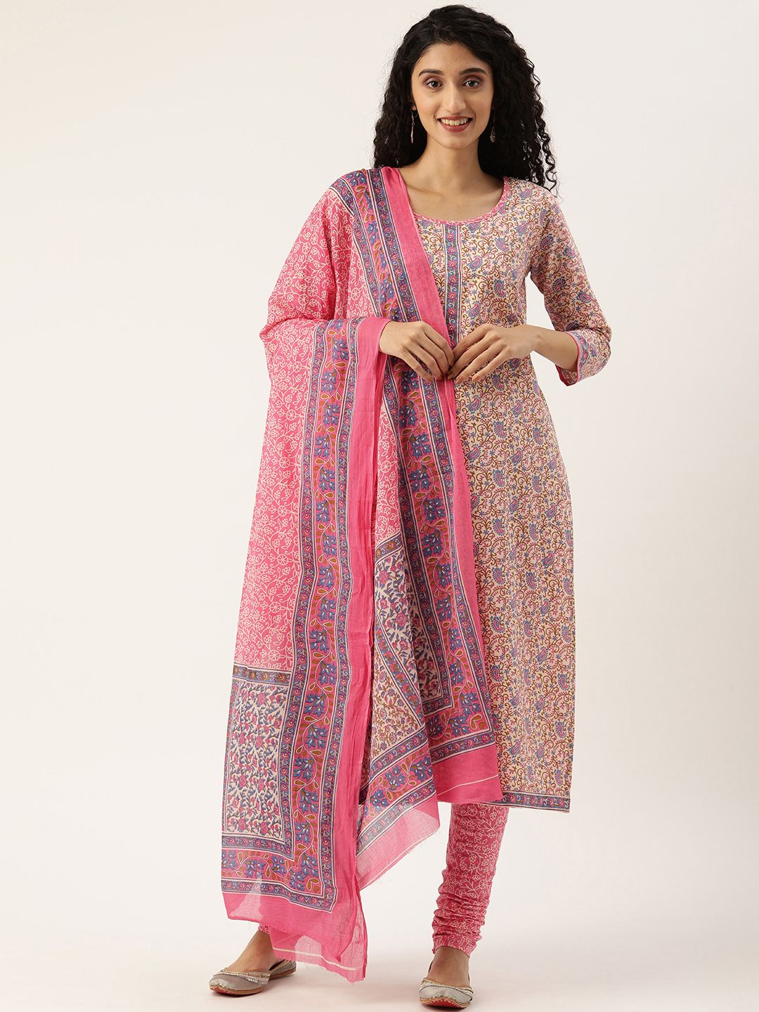 Rajnandini Cream-Coloured & Pink Printed Pure Cotton Unstitched Dress Material Price in India