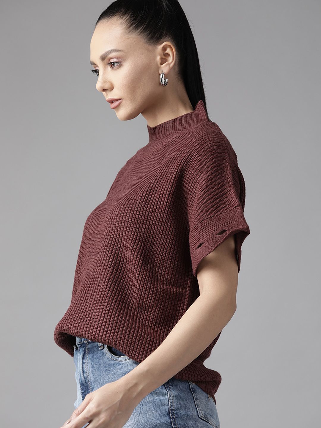 Roadster Women Burgundy Solid Pullover With Detachable Sleeves Price in India