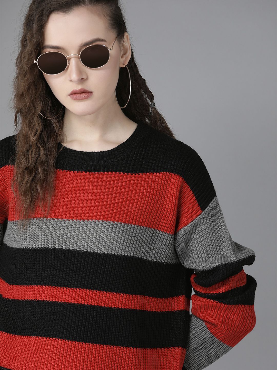 Roadster Women Red & Black Striped Pullover Sweater Price in India