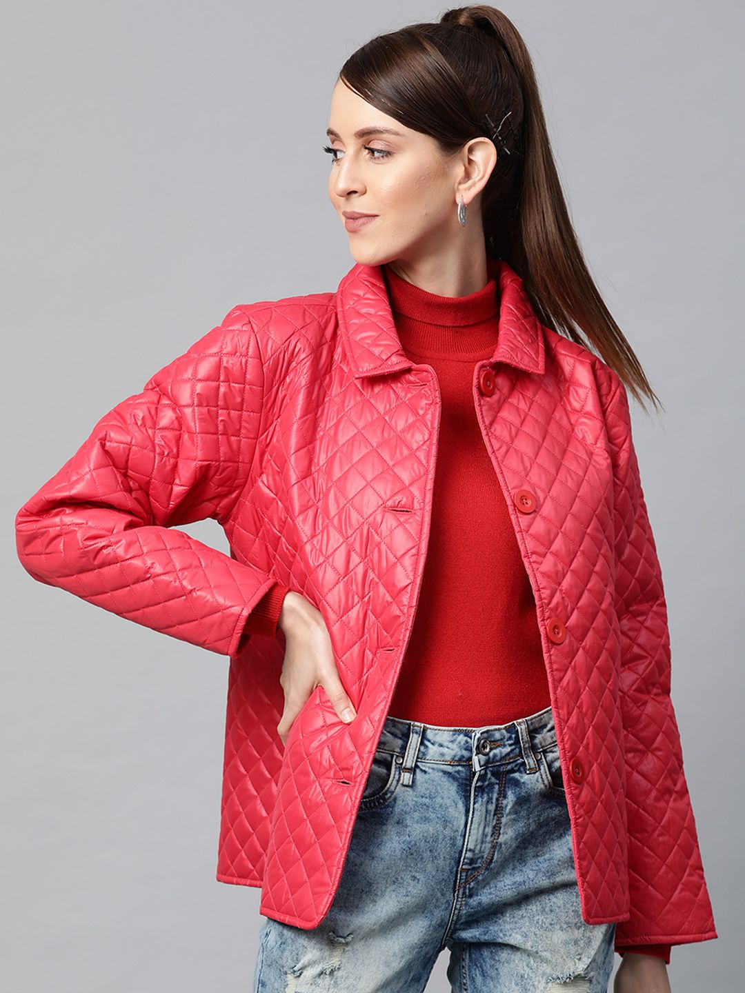 SASSAFRAS Women Red Solid Quilted Jacket Price in India