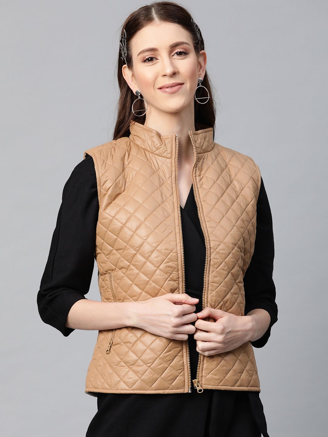 SASSAFRAS Women Khaki Solid Sleeveless Quilted Jacket Price in India