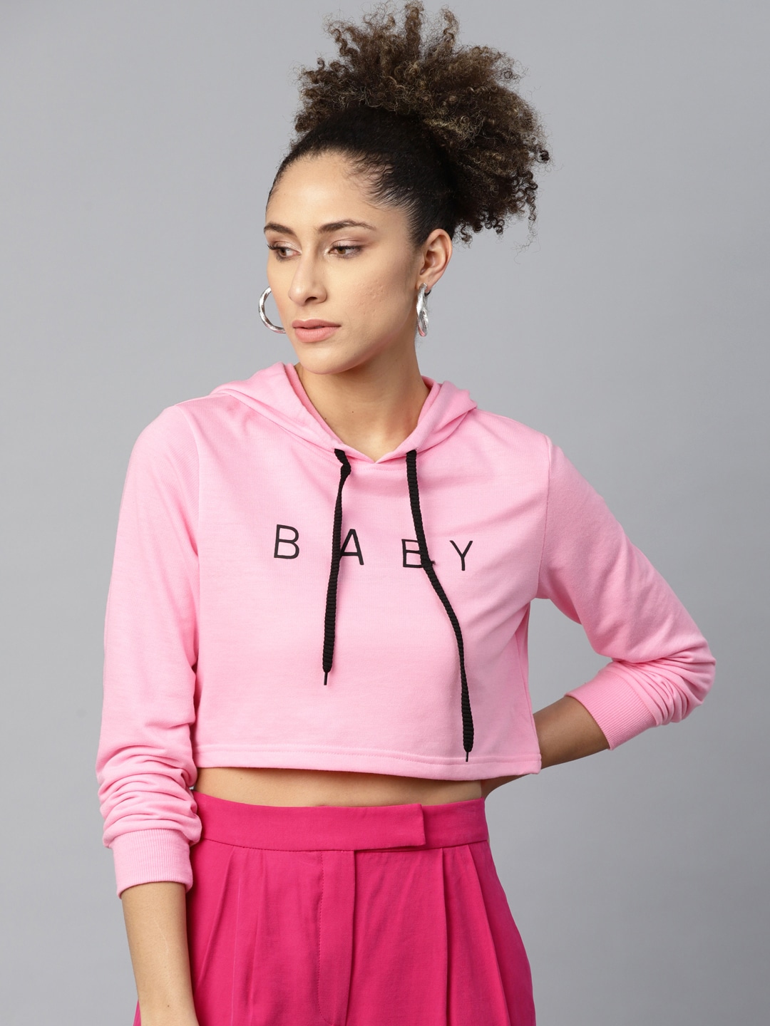 SASSAFRAS Women Pink Solid Hooded Cropped Sweatshirt with Printed Detail Price in India