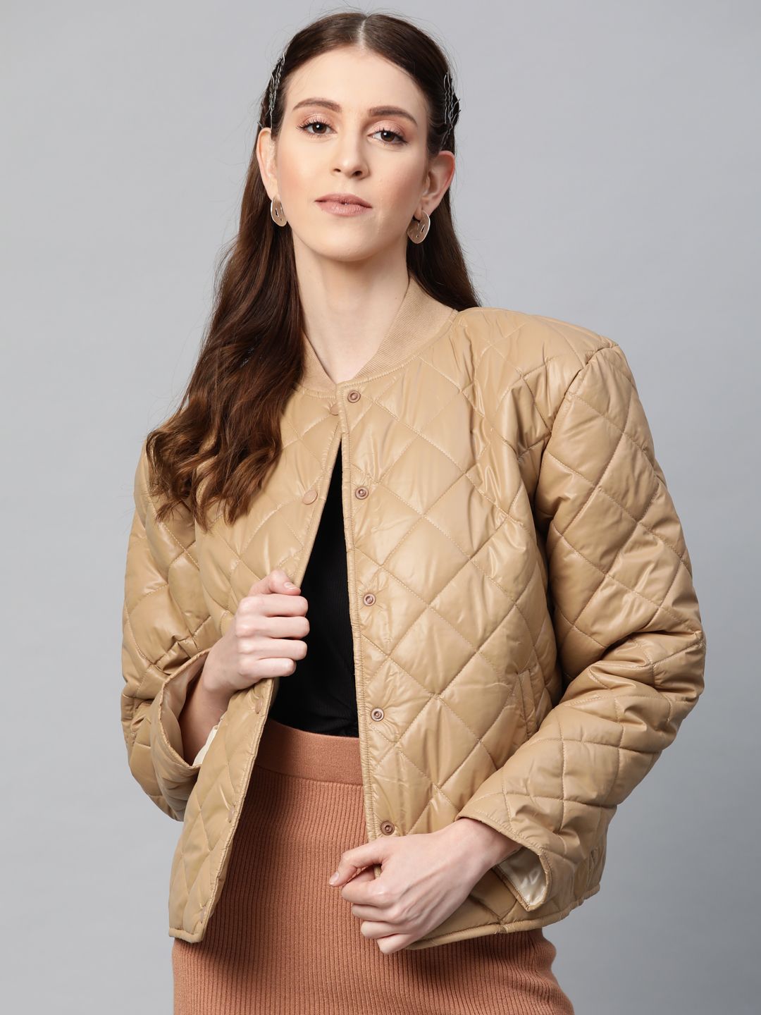 SASSAFRAS Women Beige Solid Quilted Jacket Price in India