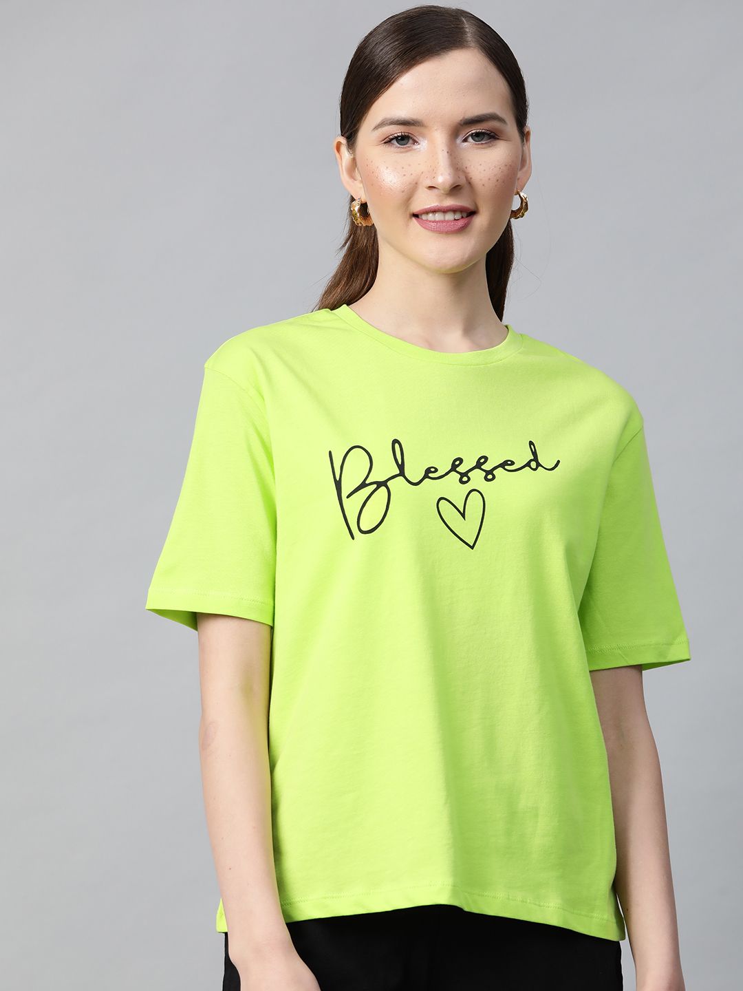 SASSAFRAS Women Fluorescent Green Blessed Print Round Neck T-shirt Price in India