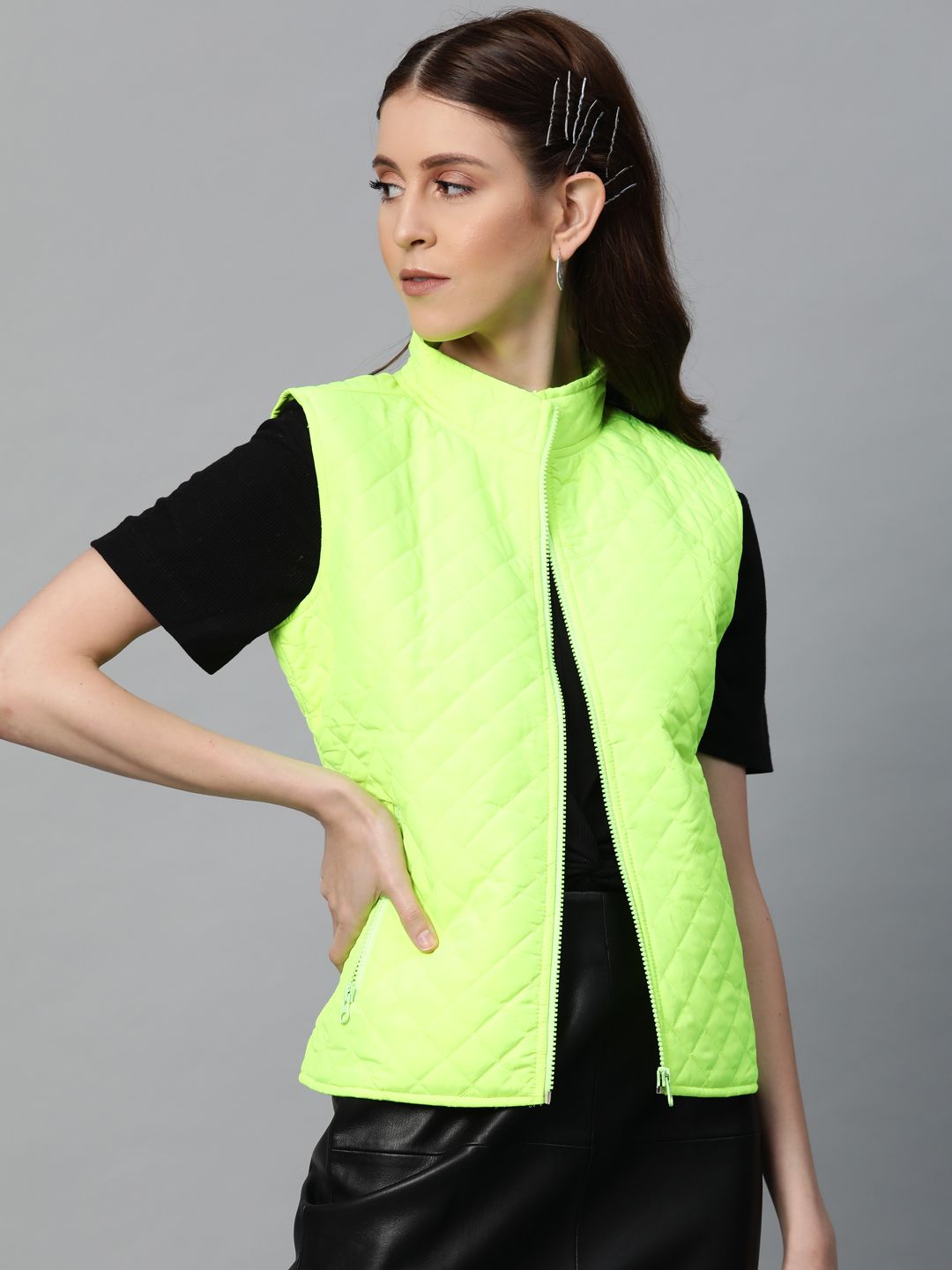 SASSAFRAS Women Fluorescent Green Solid Sleeveless Quilted Jacket Price in India