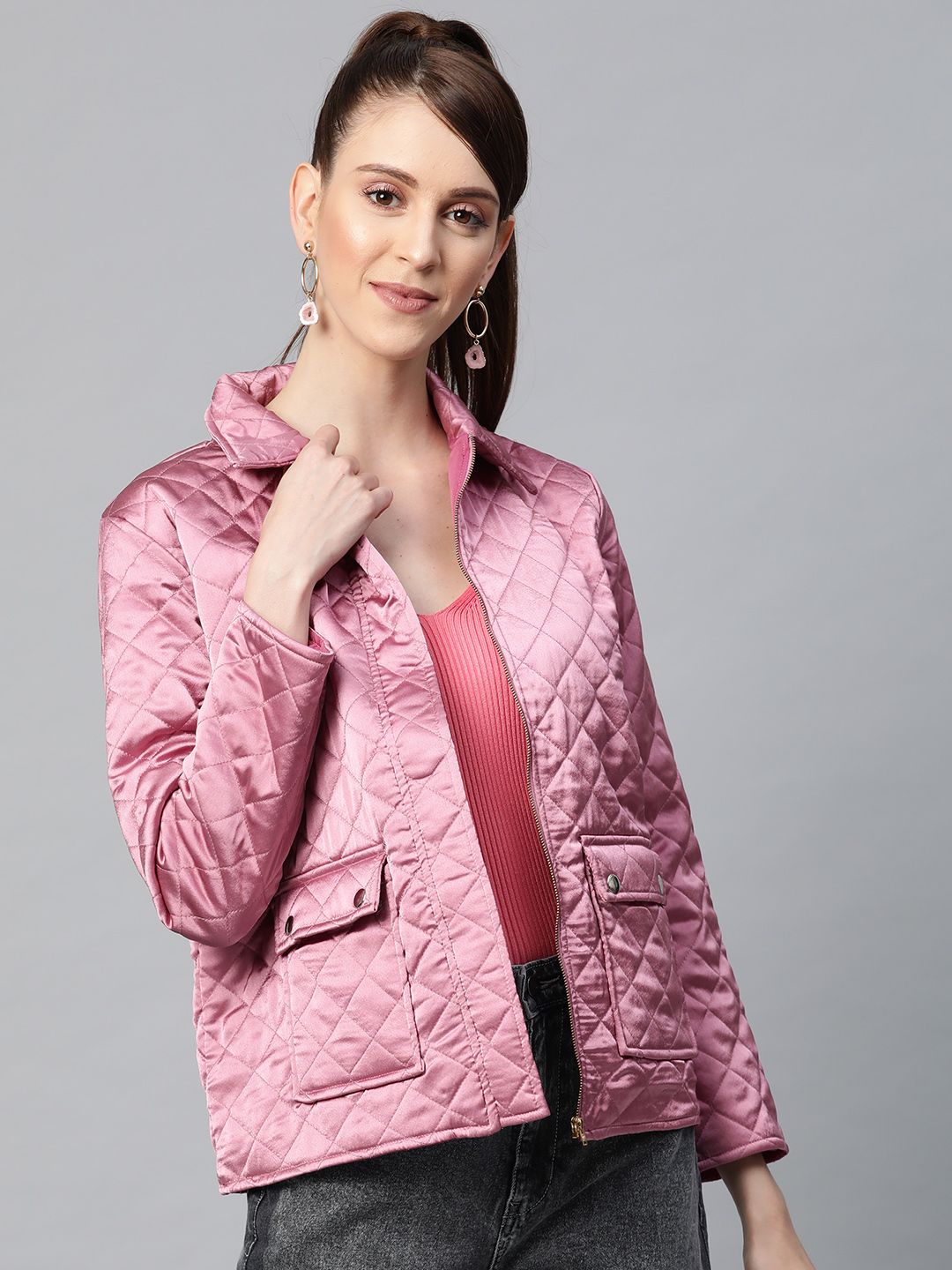 SASSAFRAS Women Pink Solid Quilted Jacket Price in India