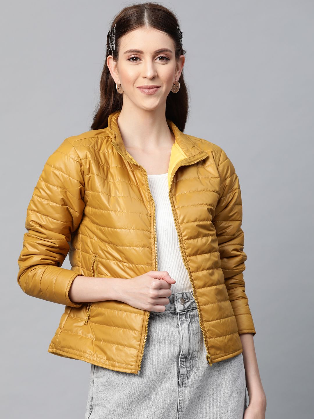 SASSAFRAS Women Mustard Yellow Solid Puffer Jacket Price in India