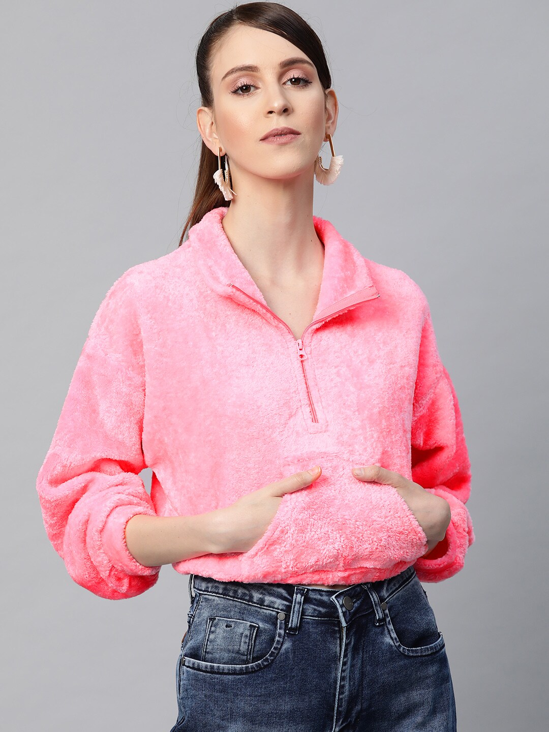 SASSAFRAS Women Pink Faux Fur Solid Crop Sweatshirt Price in India