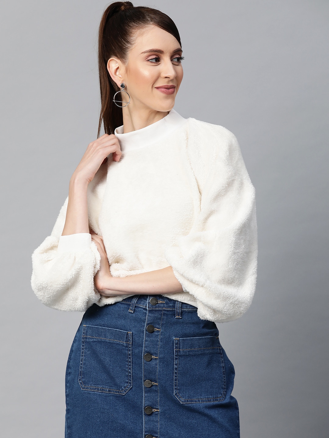 SASSAFRAS Women Off-White Puff Sleeve Faux Fur Solid Sweatshirt Price in India