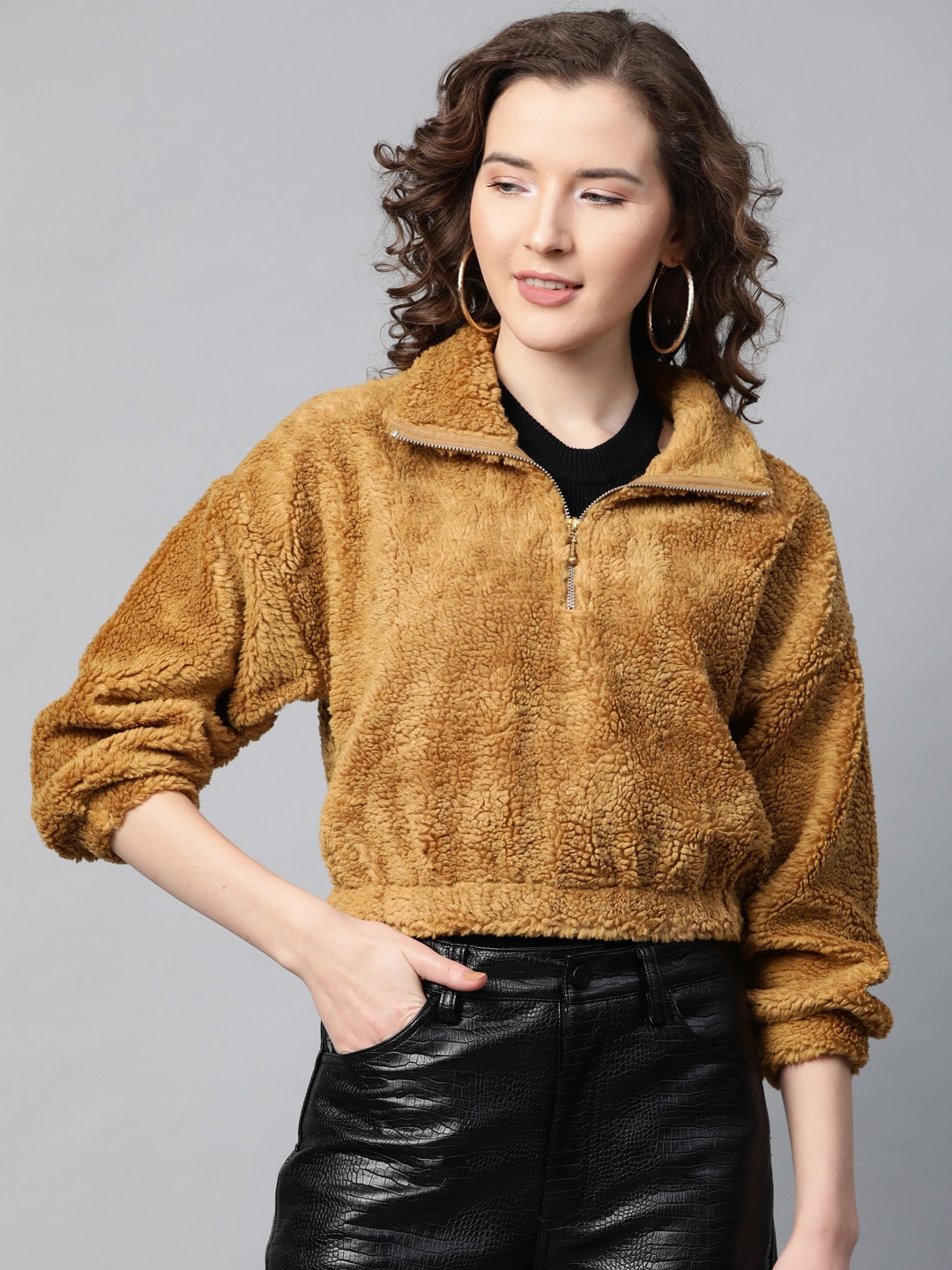 SASSAFRAS Women Mustard Brown Solid Faux Fur Sweatshirt Price in India