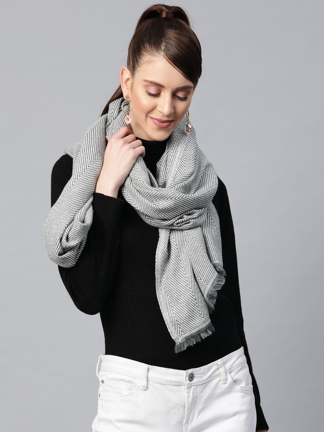 SASSAFRAS Women White & Grey Woven Design Stole Price in India