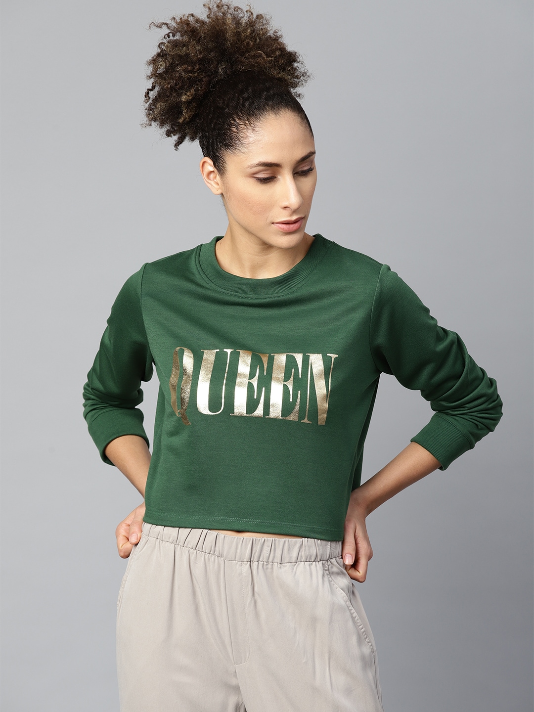 SASSAFRAS Women Olive Green & Golden Printed Sweatshirt Price in India